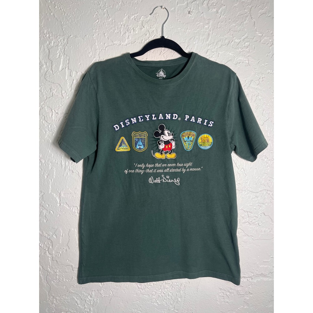 Disneyland‎ Paris Mickey Mouse Graphic T Shirt Green Embroidered Medium M Disney